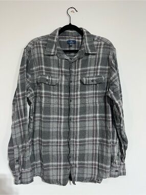 George Mens Gray Pink Plaid Flannel Button Up Shirt Jacket Large L‎ L(42-44)